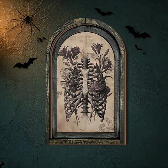 Dark Floral Halloween Art Arched Wooden Wall Decor, Ghost Cat Double-Layer Hanging Ornament, Distressed Gothic Medieval Window Style Decor Tabletop