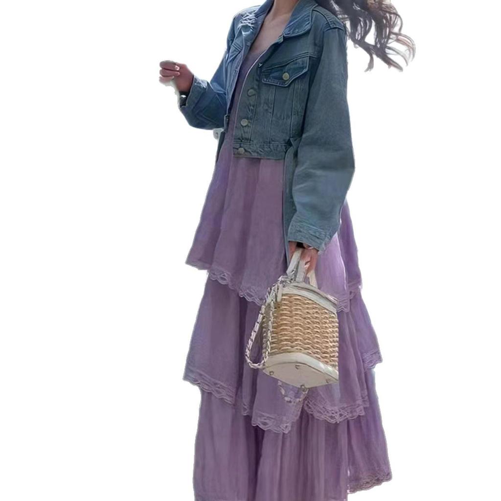 Damen-Lagen-Spaghettiträgerkleid für den Strandurlaub, Langer Rockstil für Sommer, Frühling und Herbst