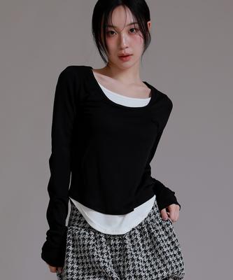 LIKE THE MOST Slim Side Off Layered T-Shirt_Black