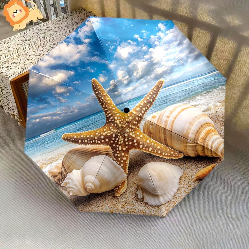 1 PC Automatic Folding Umbrella - Starfish Shells Pattern, Portable & Foldable Design with 8 Ribs, Christmas Birthday Gifts