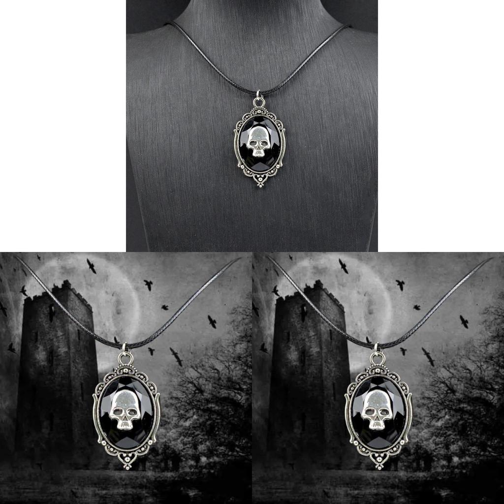 Dark Gothic Skeleton Pendant Necklace With Geometric Alloy Charm For Halloween Costume Accessories