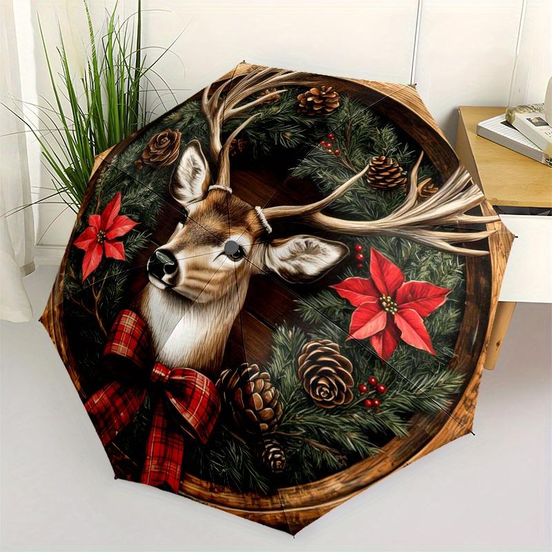 

Christmas Deer Wreath Wall Art Decor Umbrella, Cute Umbrella with Cute Design, Portable 3-Fold Compact Umbrella for Men & Women, Valentine s Day Mothe