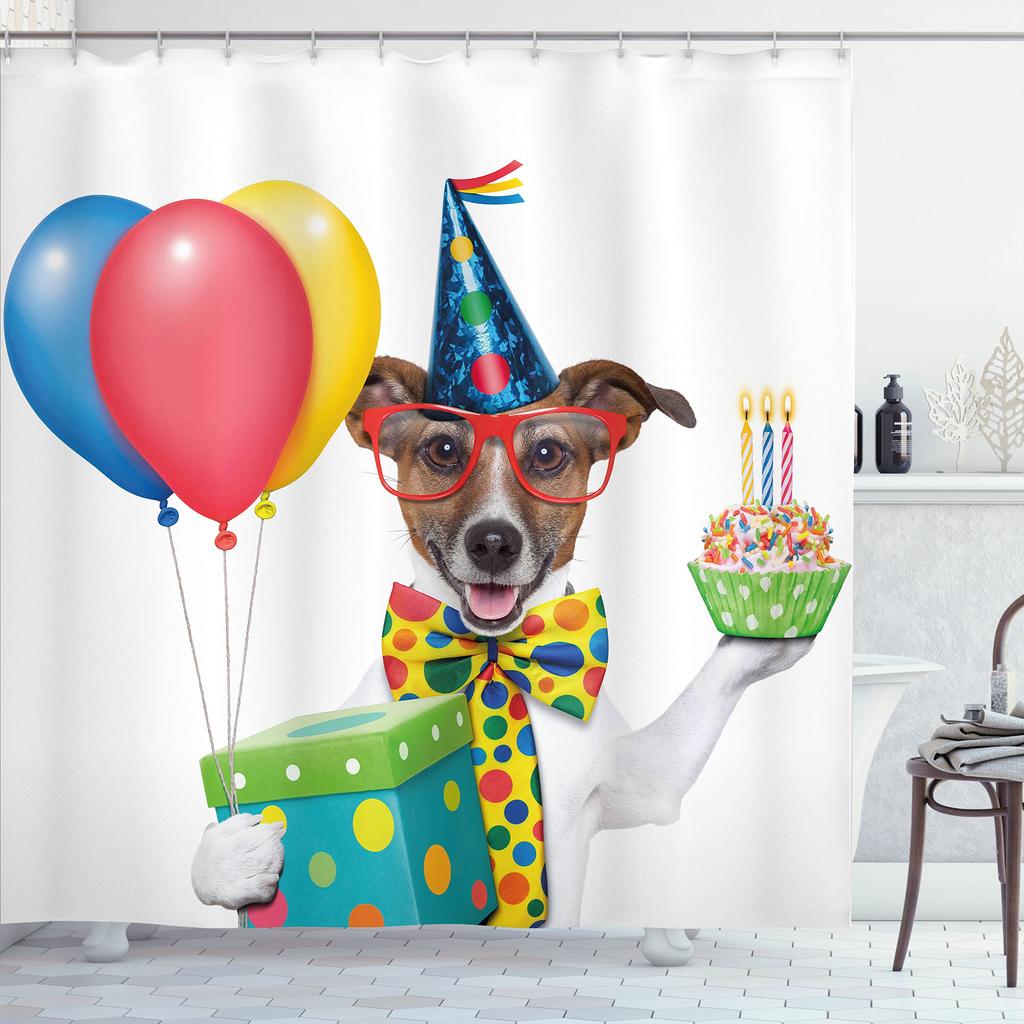 Set Tende da Doccia per Festa di Compleanno, Mostriciattoli La Celebrazione Coni Pioggia e Palloncini, Decorazioni Bagno in Poliestere Tende da Bagno