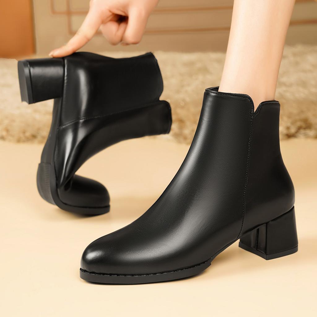 Autumn Winter PU Women Ankle Boots Thick High Heels Round Toe Shoes Black White Modern Short Botas Para Mujer 652