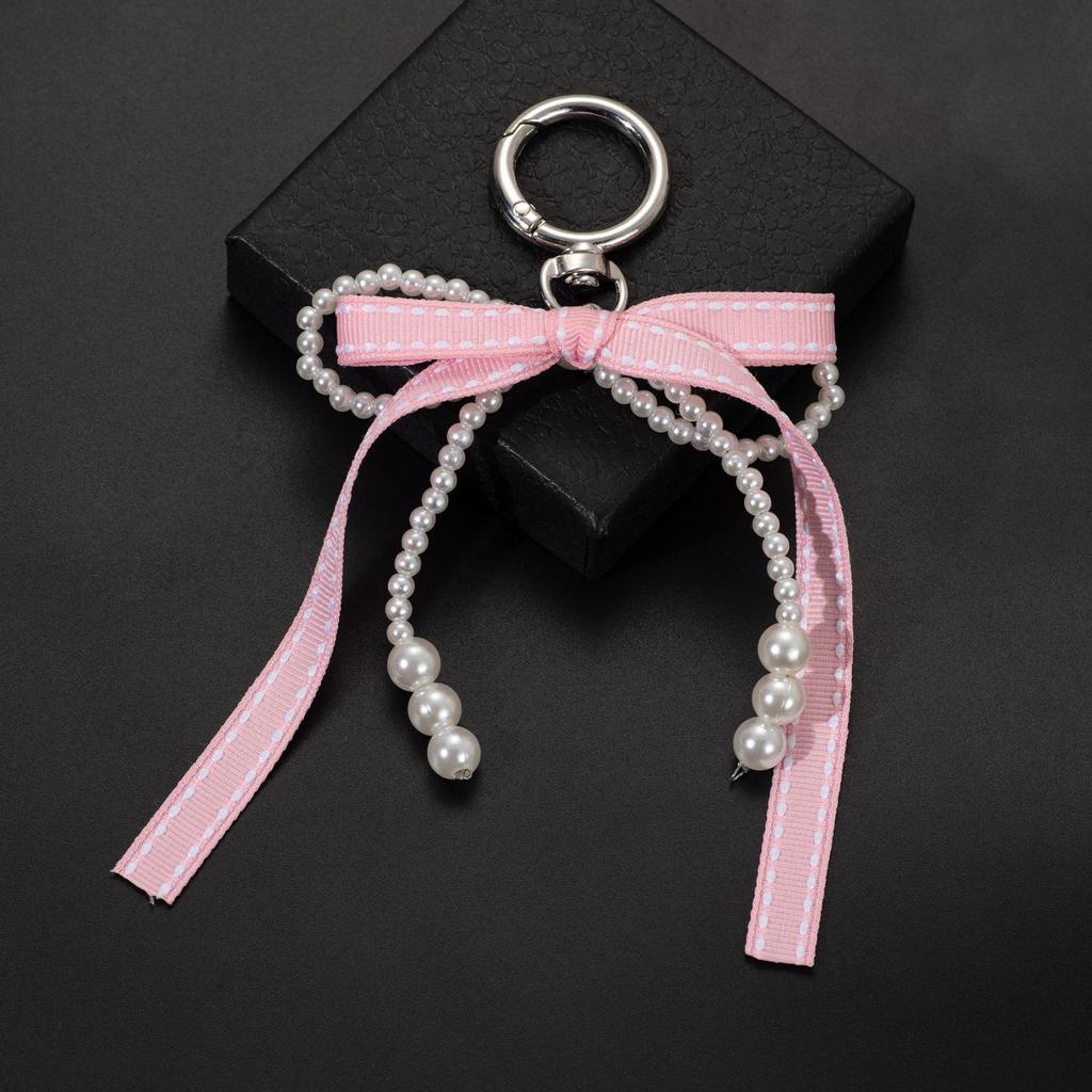 Minimalist Sweet Girl Style Handmade Beaded Faux Pearl Multicolor Ribbon Bow Keychain Charm