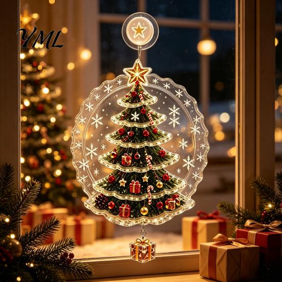 Party Atmosphere Light Christmas Suction Cup Window Light, Santa Claus Xmas Tree Warm Glow Home Decor Snowman Glass Ornament, Holiday Acrylic Hanging