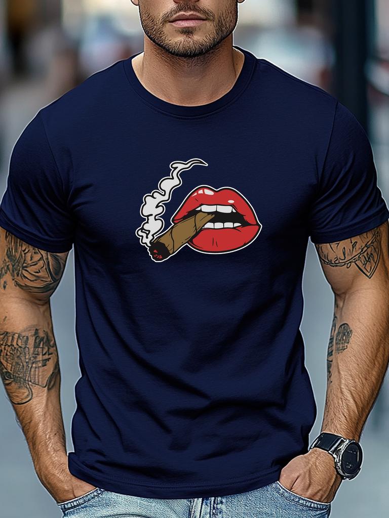 Mens Summer Fun TShirt Red Lips Cigar Print Short Sleeve Round Neck Breathable Soft Oversized Lively Daily Wear