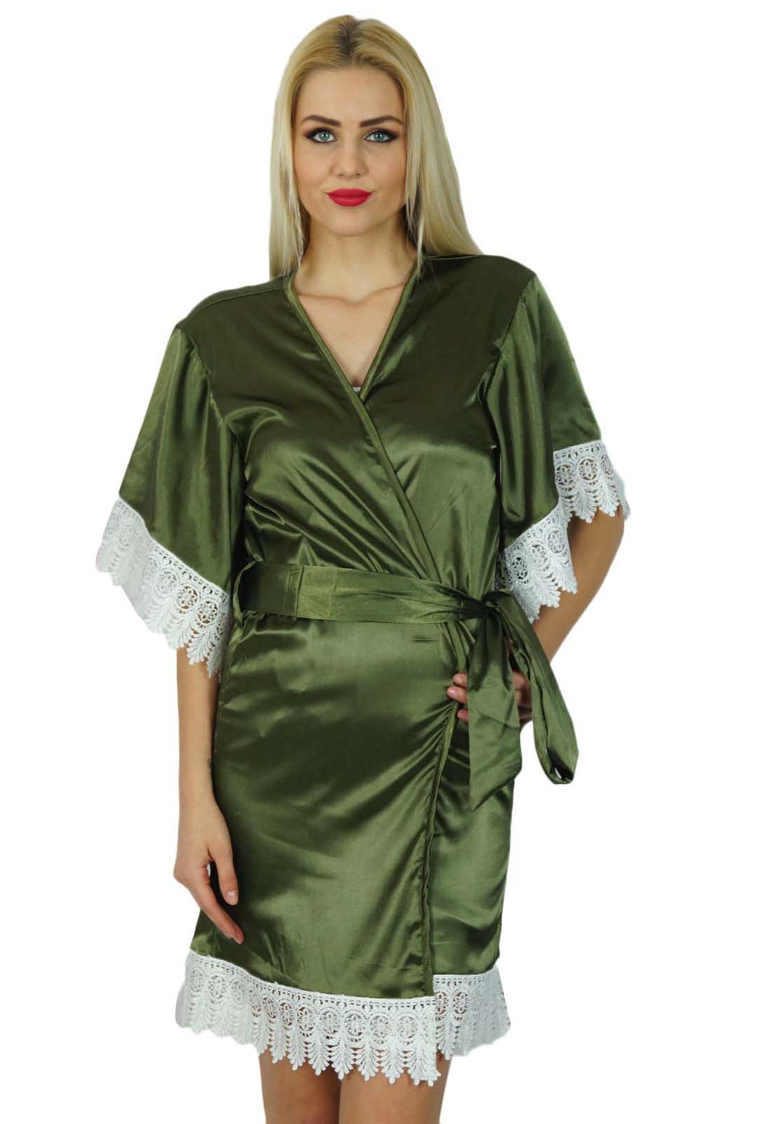 

Бімба Жіноче кімоно з рукавами, коротким атласним халатом, готуємося, мереживним халатом подружки нареченої 30 зелений