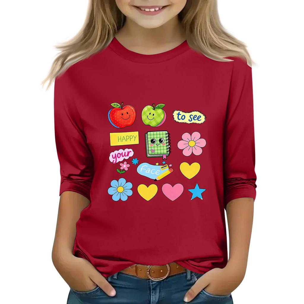 Kids Printed Three-Quarter Sleeve Round Neck Top for Back to School Casual Wear