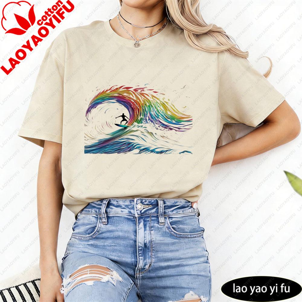 Vibrant Rainbow Wave Surfer TShirt Abstract Artistic Psychedelic Unisex Shirt Unisex Unisex Fashion Casual Crewneck Cotton Tee Tops
