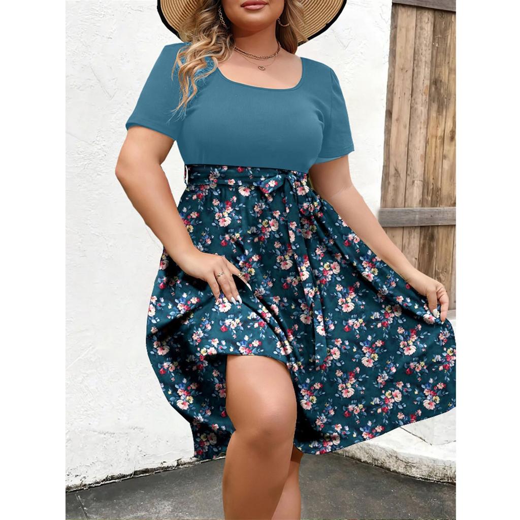 Damen Modisches Und Trendiges Rundhals Kurzarm Kleid Mit Taillenprint In Übergröße