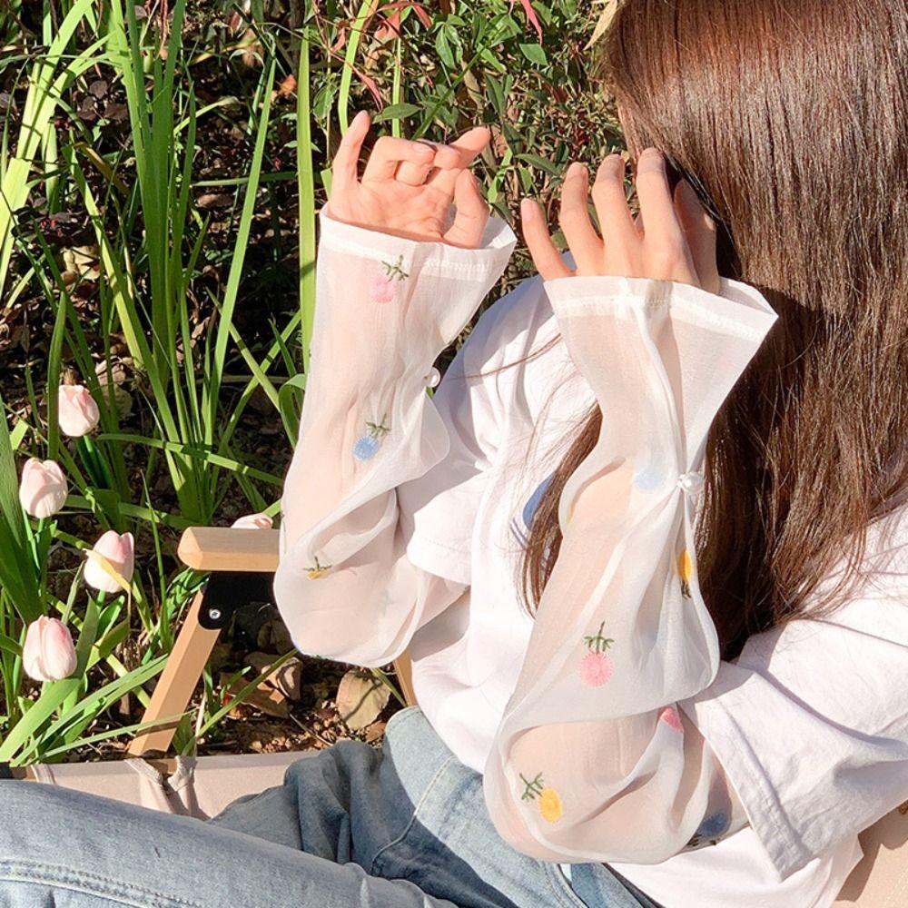 Anti-UV Sunscreen Sleeve Pearl Buckle Embroidery Flower Ice Silk Sleeves Thin   Outdoor