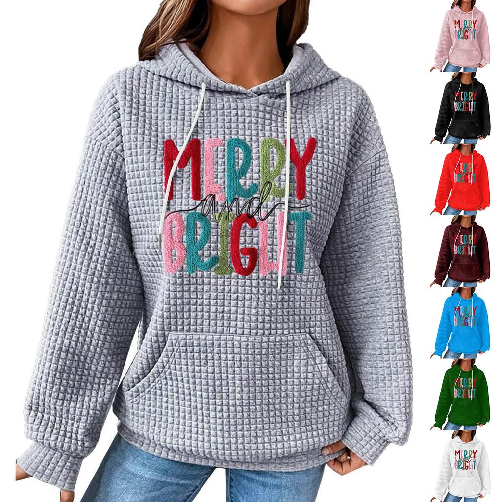 Women's Fashion Loose Hooded Pullover Long Sleeve Plaid Sweatshirt With Drawstring, Drop Shoulder, Pocket, Christmas Print Top