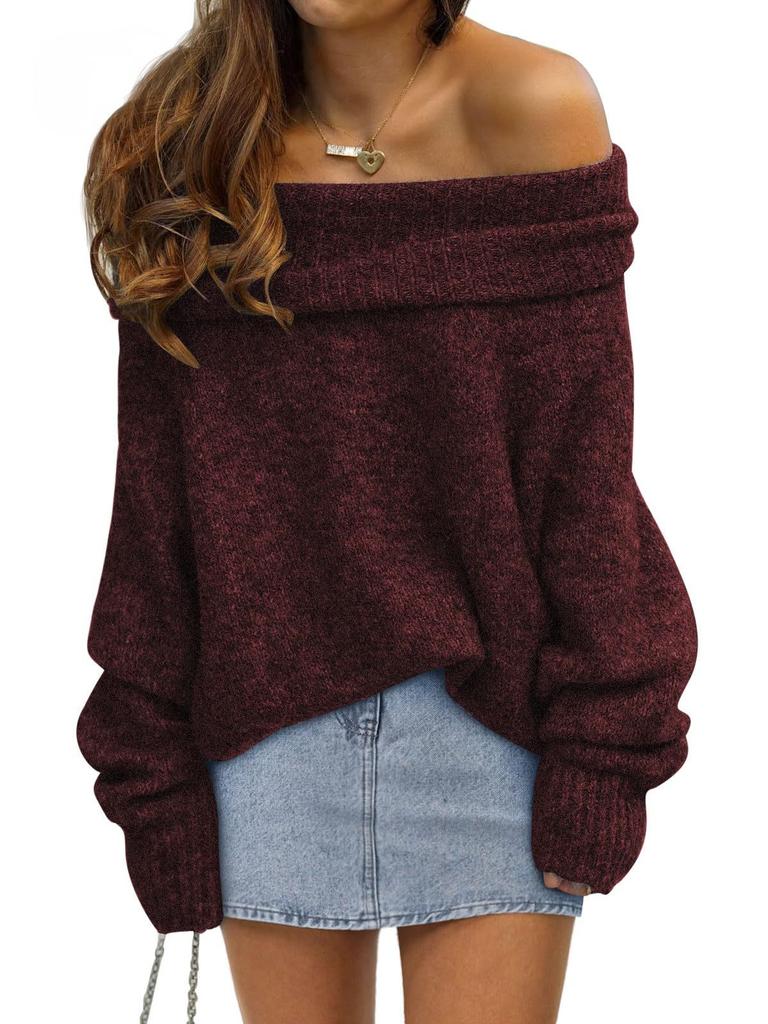 2025 New Autumn and Winter Loose Bat Sleeve Solid Color Pullover Off-shoulder Casual Knitted Sweater for Women