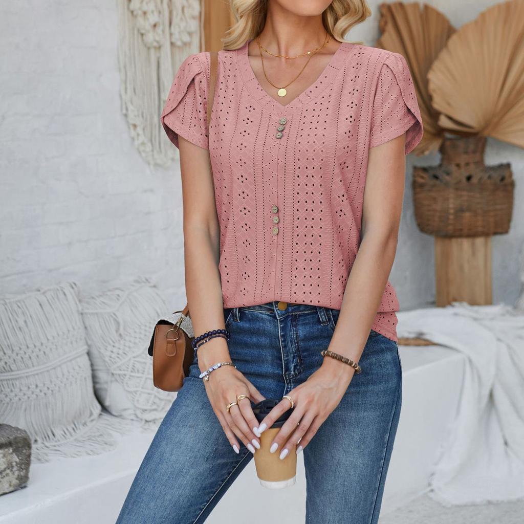 Women's Fashion V-neck T-shirt Court Lock Hollow Short-sleeved Casual Tops