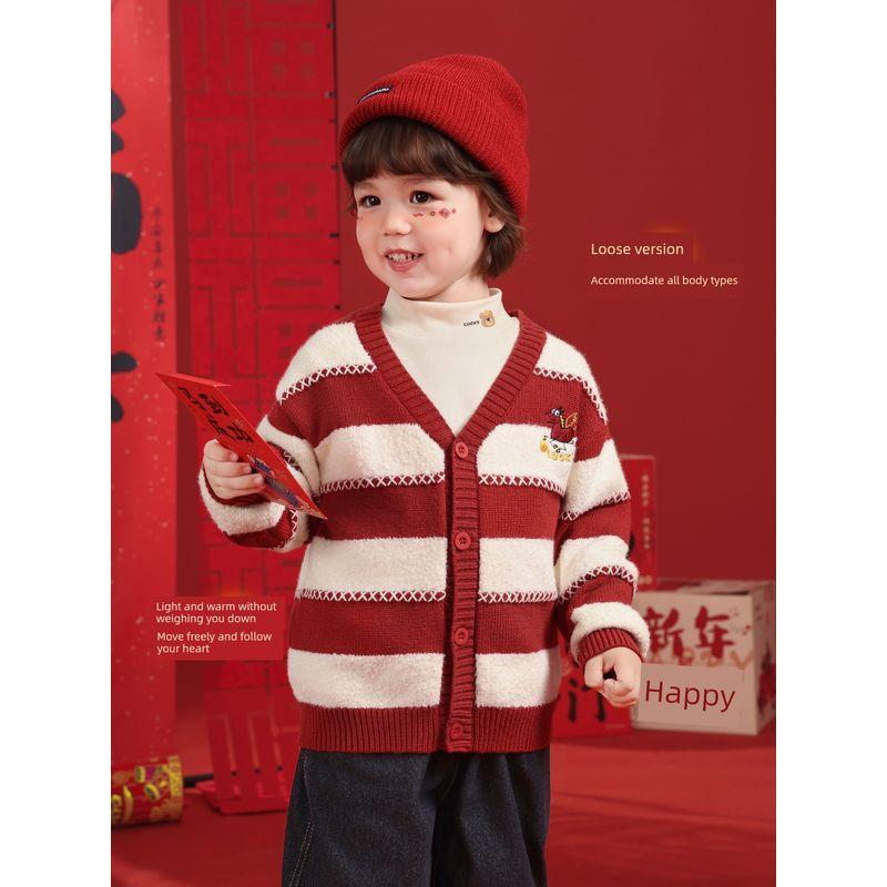 Boys' New Year Striped Knitted Cardigan Sweater Jacket Autumn Children's Baby Toddler Top Autumn and Winter U16102