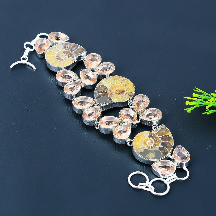 Natural Ammonite Fossil, Morganite Gemstone 925 Sterling Silver Bracelet 8" d6G95