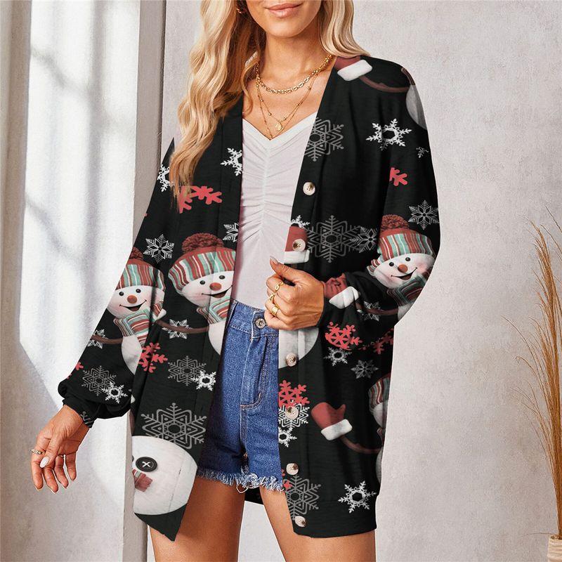

and America Cross Border Export Female New Spring and Autumn Outwear Christmas Theme Print Casual Small Cardigan Trench Coat Plus Size Loose-Clothes Black + Snowman 2XL