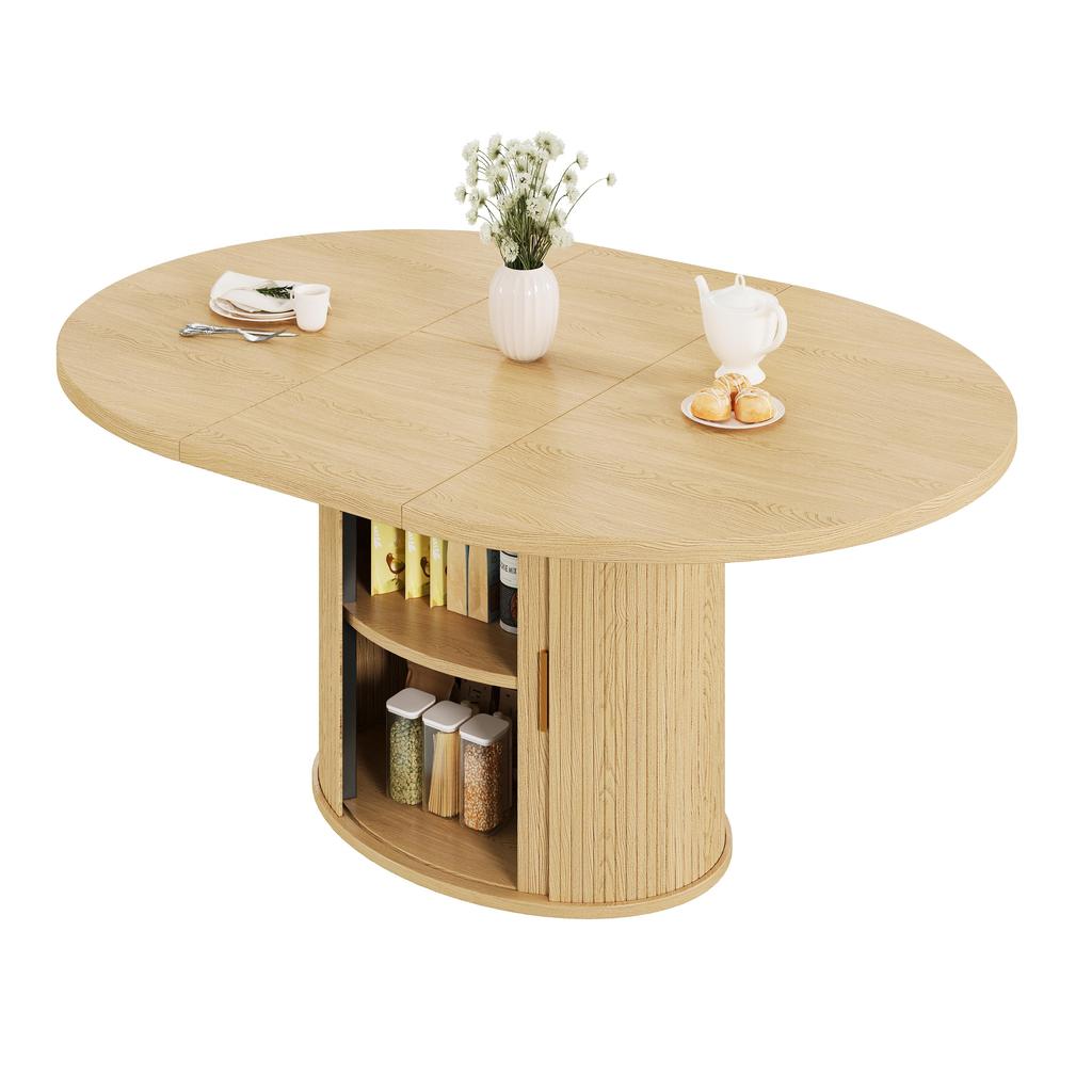 Tavolo da pranzo rotondo estensibile, tavolo da pranzo allungabile per 4-6 persone, con spazio contenitore, ante scorrevoli e 2 ampi scomparti, 120–160×120×75 cm