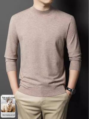 Men's Fine-Gauge Knit Wool Sweater - Thick, Warm, Half-High Collar, Solid Color Base Layer for Autumn/Winter.