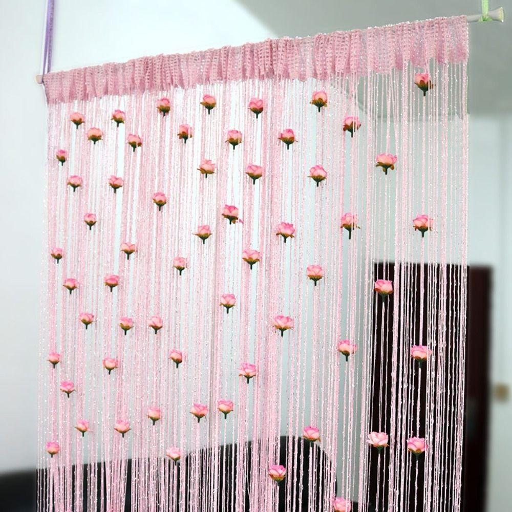 Window Treatment Shiny Rose Flower String Curtain Solid Color Room Divider Door Curtain 1*2M Tassel Window Curtain Home Decor