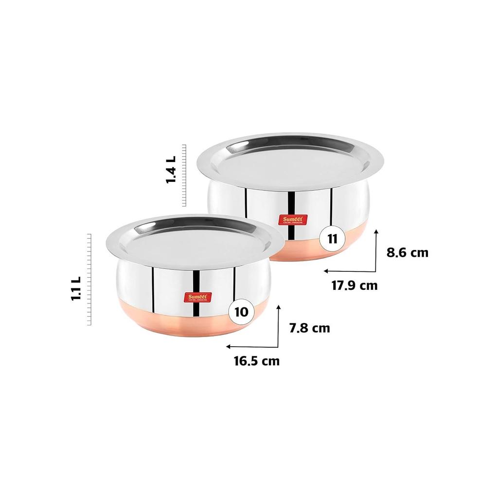 Stainless Steel Copper Bottom Belly Shape 2 Pc Tope/Cookware/Pot Set with Lid 1.1 liter, 1.4 liter (Silver)