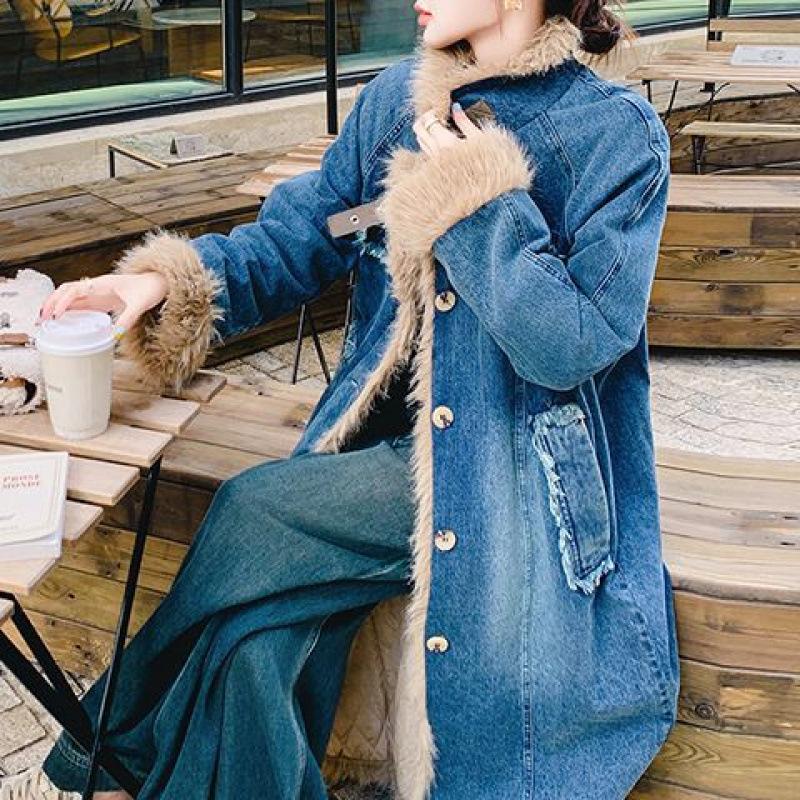 Lamb wool splicing denim cotton jacket women's winter new super good-looking long padded pie overcome coat