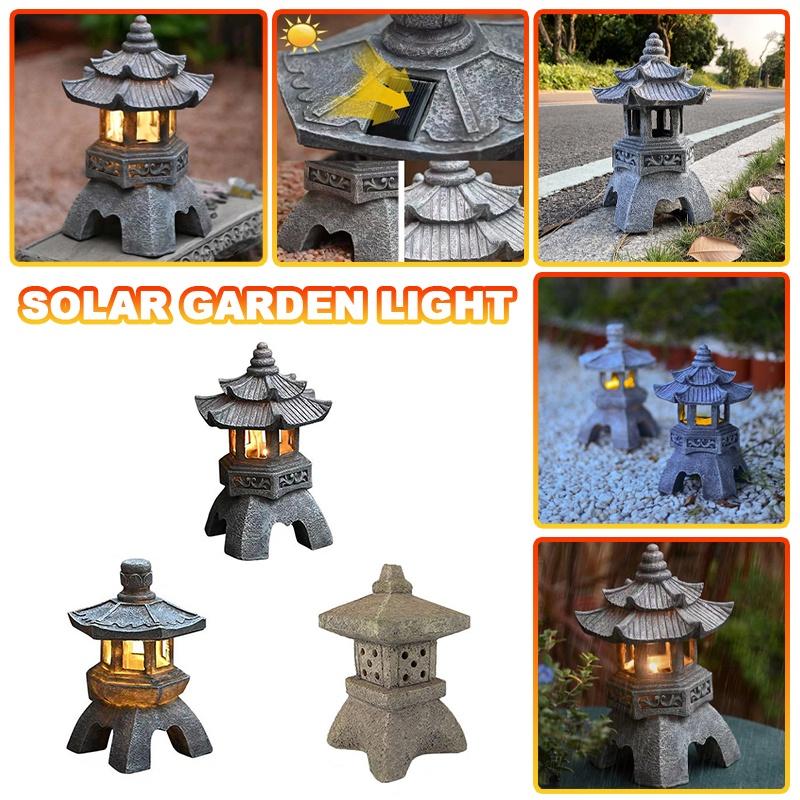 Decoración Zen adornos torre con energía Solar jardín estatua palacio linternas lámpara Solar china piedra patio Pagoda linterna