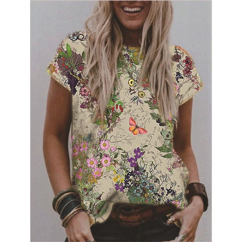 Summer Round Neck 3D Flower Print Top Fashionable Casual Short Sleeved Women's T-shirts