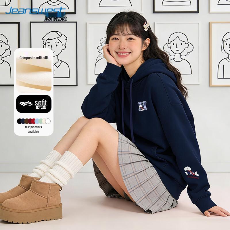 Jeanswest Plaid Letter Cartoon Dog Graphic Hooded Sweatshirt M