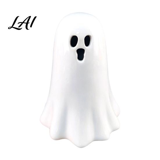 Ghost Shaped Light Decor Ceramic Hollow Night Light Cute Halloween LED Glow White Figurine Lamp Ceramics for Holiday Party Decoration Desktop