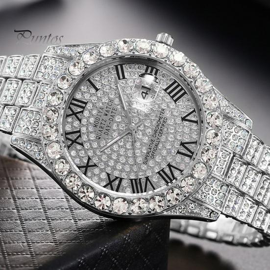 Rhinestone Men Watch Ladies Quartz Round Dial Alloy Decor Roman Umber Calendar Movement No Delay Time-checking High Accuracy Wristwatch Business