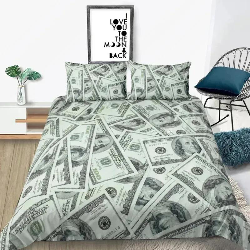 3D Modern Money Bedding Set Dollar Motif Printed Duvet Cover Vivid Comforter Cover 3 Pieces Money Pattern Funny Soft Bed Set