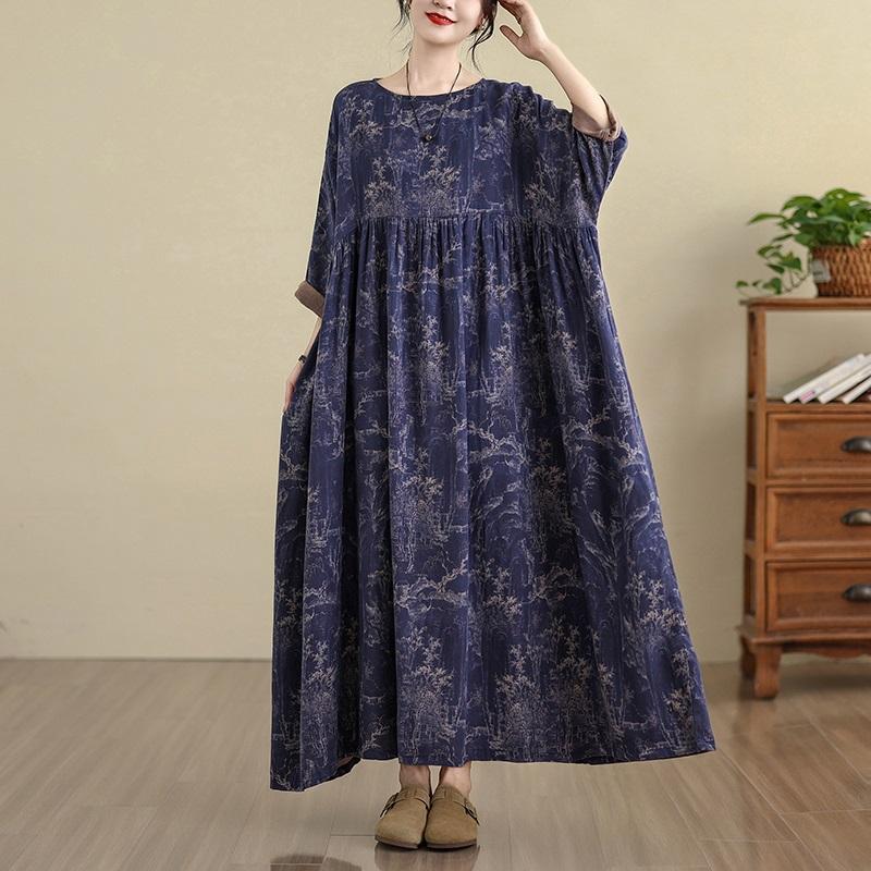Plus Size Cotton Vintage Floral New In Dresses for Women Casual Loose Long Spring Autumn Dress
