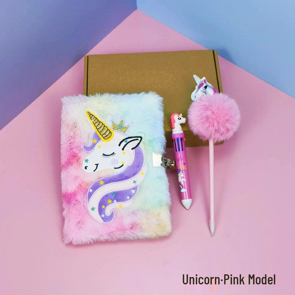 Exquisite Cross-border Plush Notebook & Diary Stationery Set - Three-piece Gift