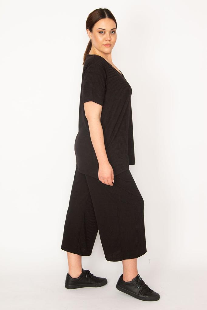 Women's Style Big Size Under-Upper Team Green Camisole Knitted Elastic Waist Wide Leg Trousers V-Neck Blouse Set