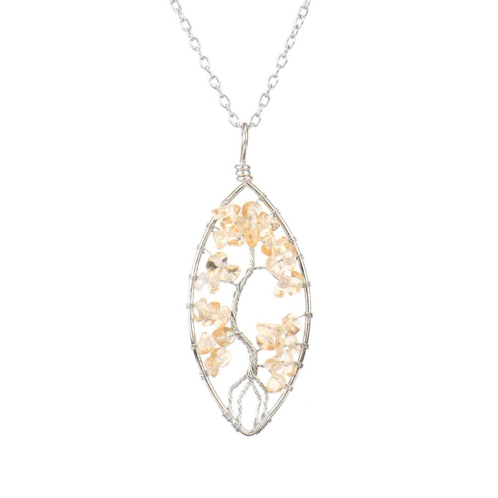 Hand-Wrapped Silver Natural Gravel Tree Of Life Necklace, Curved Crystal Lucky Tree Leaf Necklace N04