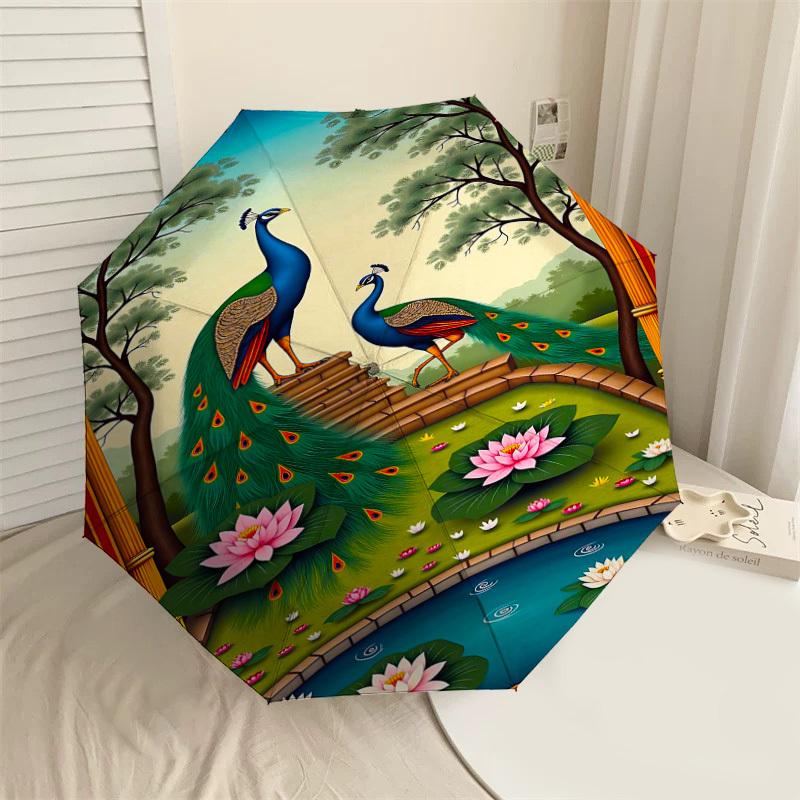 

1PC Peacock Lotus Umbrella-8-Rib Reinforced, Automatic Open, Lightweight & Durable, Fashion Accessory for Outdoor-D350