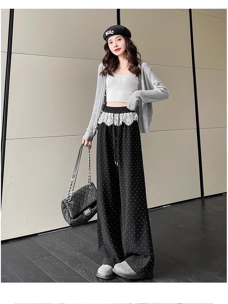 Spring/Summer 2026 Women's Casual Wide-Leg Pants with Lace Patchwork and Polka Dots, Elastic Waist, Slimming, Versatile and Straight Leg Fit.