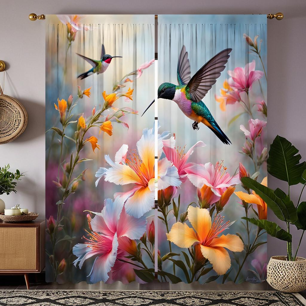 2 Stück HD Blumengarten fliegender Specht dekorativer Vorhang Rosa Bindeband digital bedruckter Vorhang Heimdekoration Stil Dekoration