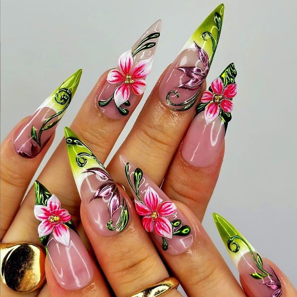 3D Embossed Pearl Flower Almond Nails - Gradient High-End Nail Art Tips