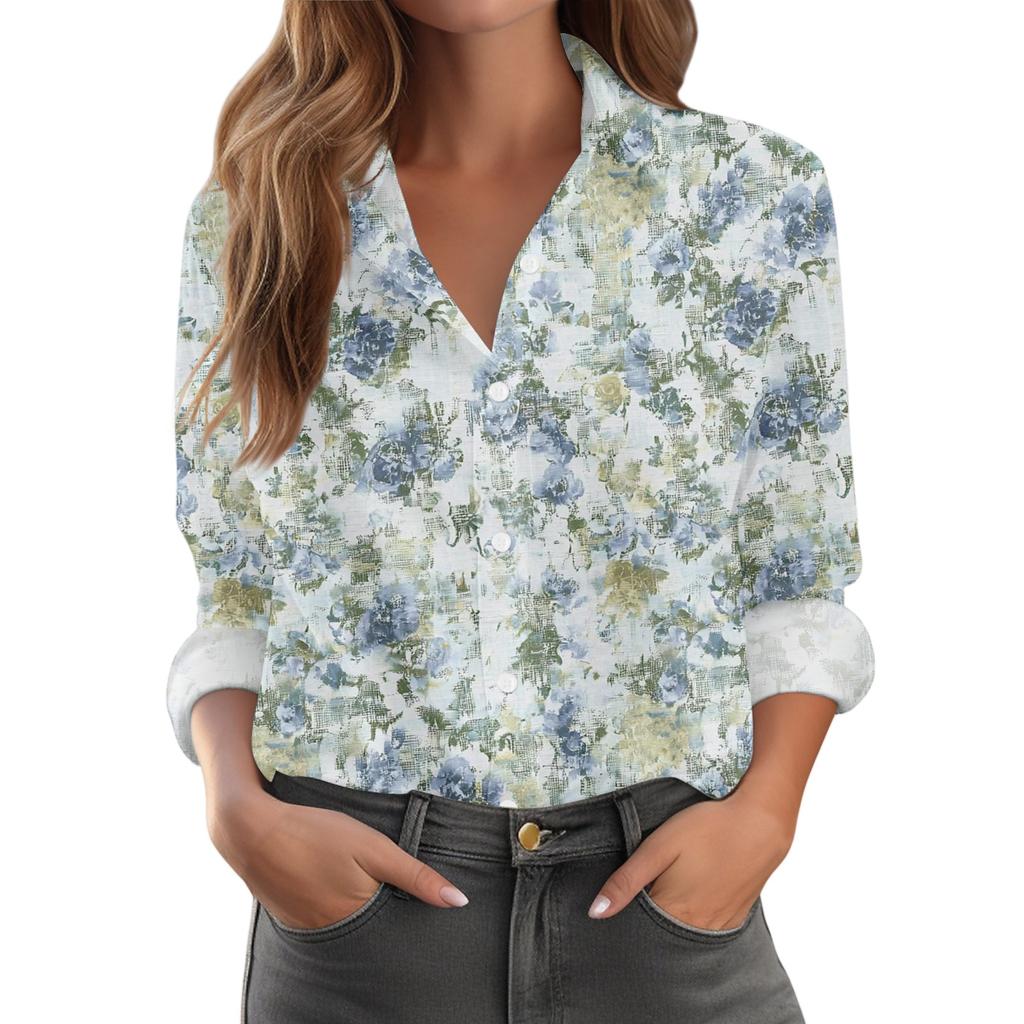 Damenhemd mit floralen Knöpfen, Langarm-Freizeitblusen, lässige Übergröße, Basic-Oberteile