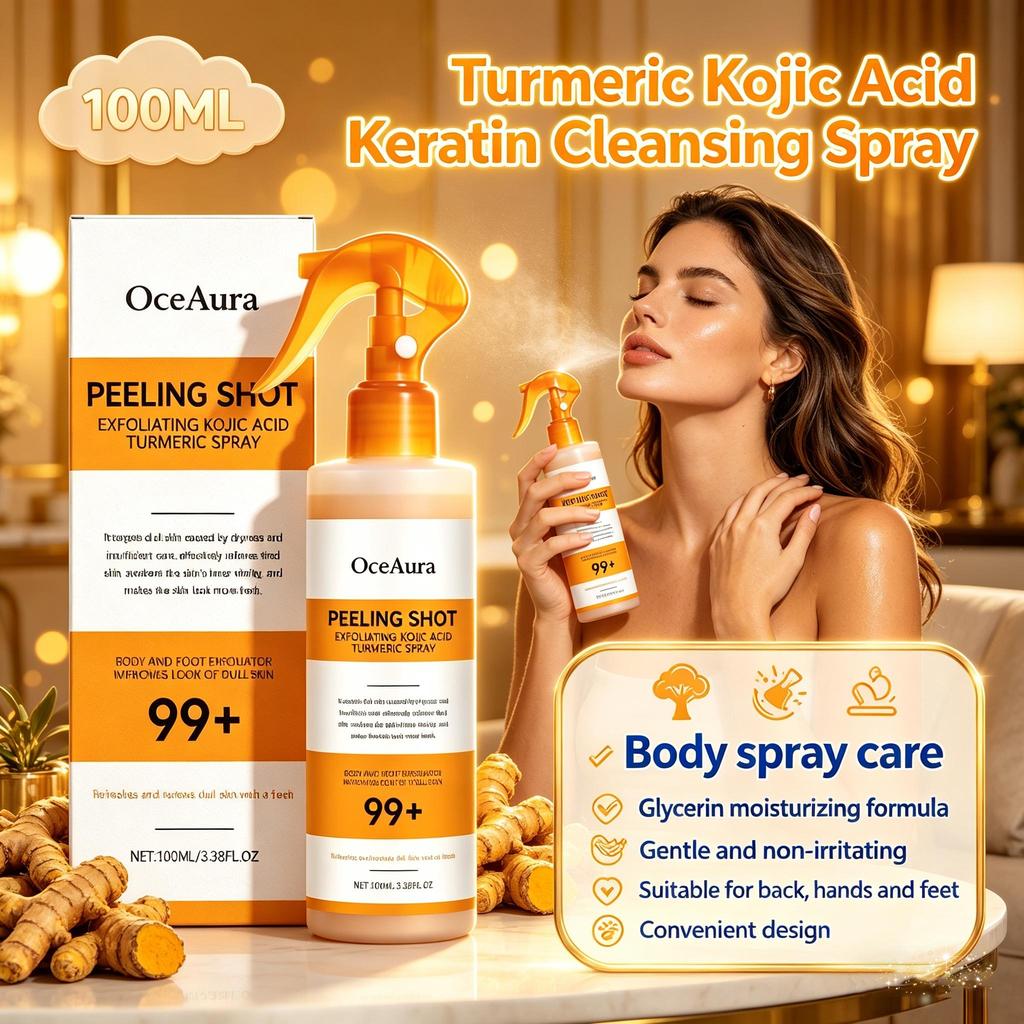 OceAura Exfoliační sprej na tělo s kyselinou kojovou a kurkumou, Jemný čistič pleti na záda, ruce a nohy, Denní hydratační péče pro drsnou pokožku 100 ml
