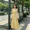 Dopamine yellow plaid dress is thin and gentle temperament neck sling dress collar lazy vacation style