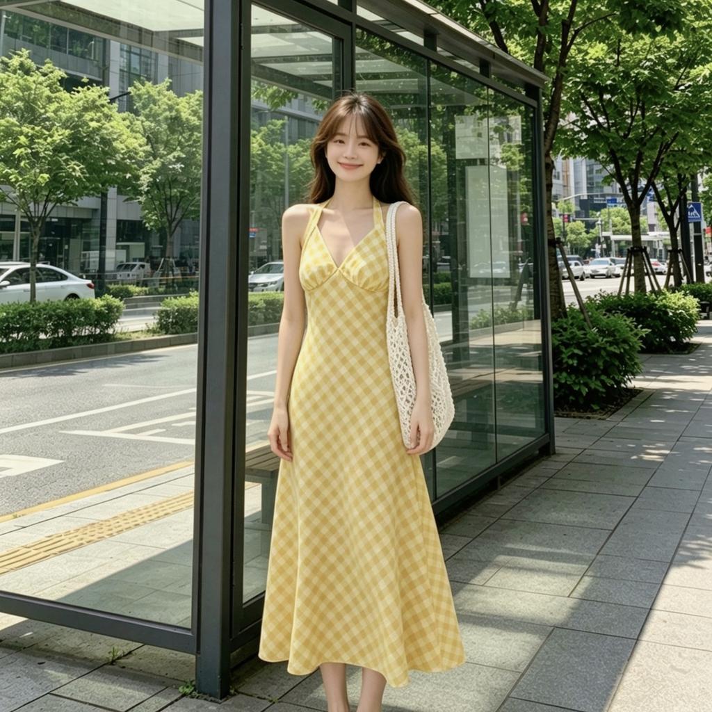Dopamine yellow plaid dress is thin and gentle temperament neck sling dress collar lazy vacation style
