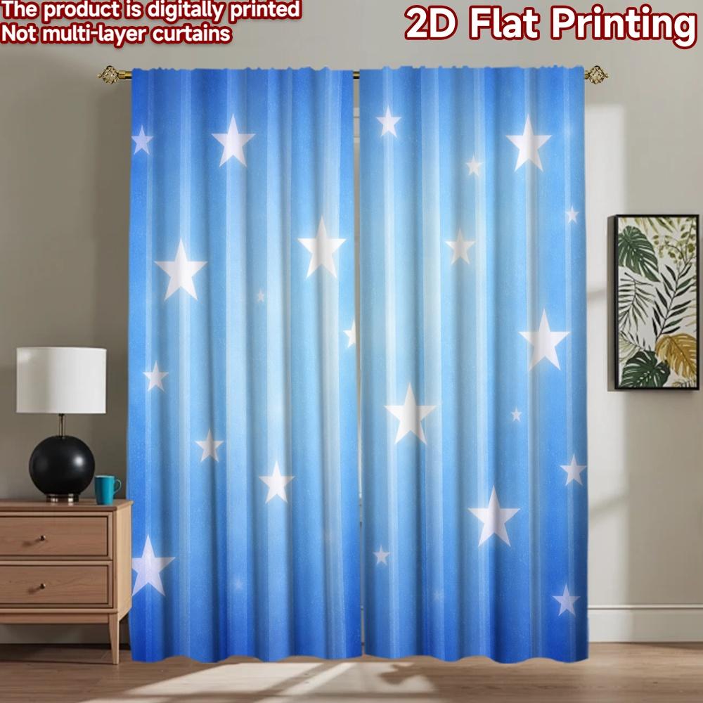 2D Flat Printing 2pcs Curtain Curtains Starry Blue Stripes Digital Printed Polyester Drapes All Season Party & Holiday Decor