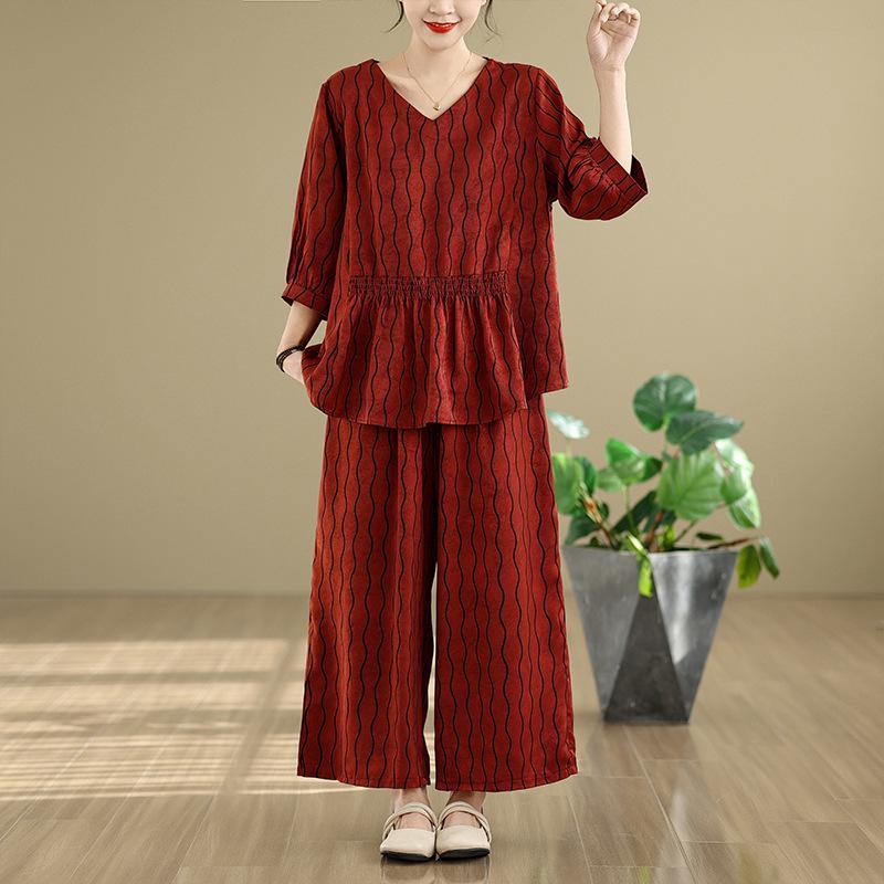 Real Shot 2025: Chic Slimming Plus-Size Summer Two-Piece Set with Light Mature Style and Wide-Leg Pants