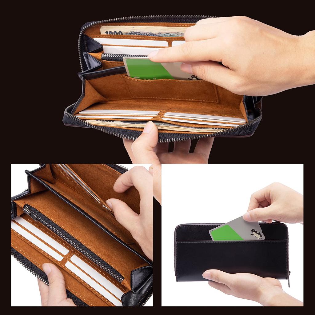 Long Wallet Made in Japan Tochigi Leather Made by Top Wallet Craftsmen Genuine Leather Large Capacity YKK Zipper Wallet Men's Gentleman's (Navy)