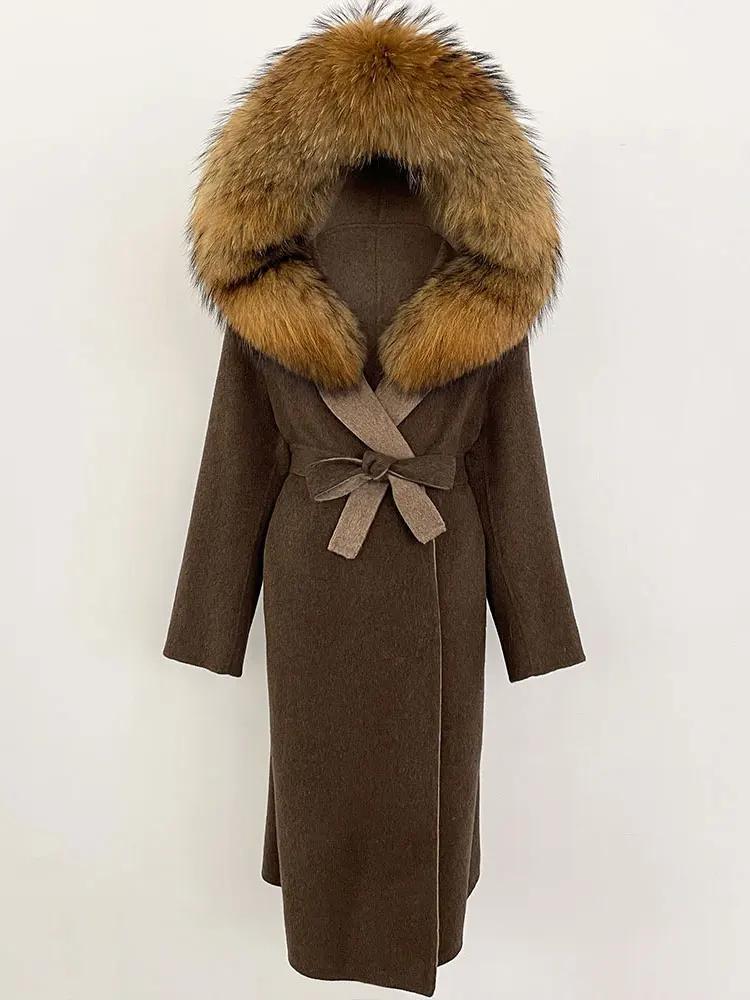 OFTBUY Winter Women Coat Real Natural Fox Fur Hooded Detachable Collar Double-faced Woolen Jacket Long Casual Elegant Overwears