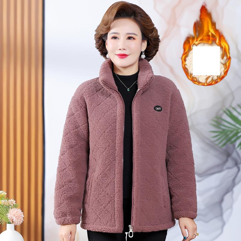 

Middle-Aged And Elderly Women s Fleece-Lined Woolen Sweatshirt Warm Top Stand Collar Cardigan Winter Mother s Attire New Jacket L рожевий